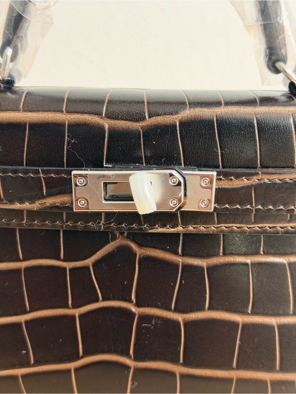 H mini Kelly embossed croc brown Cocoa Crocodile 20 Top Handle Bag PHW - Picture 5 of 10
